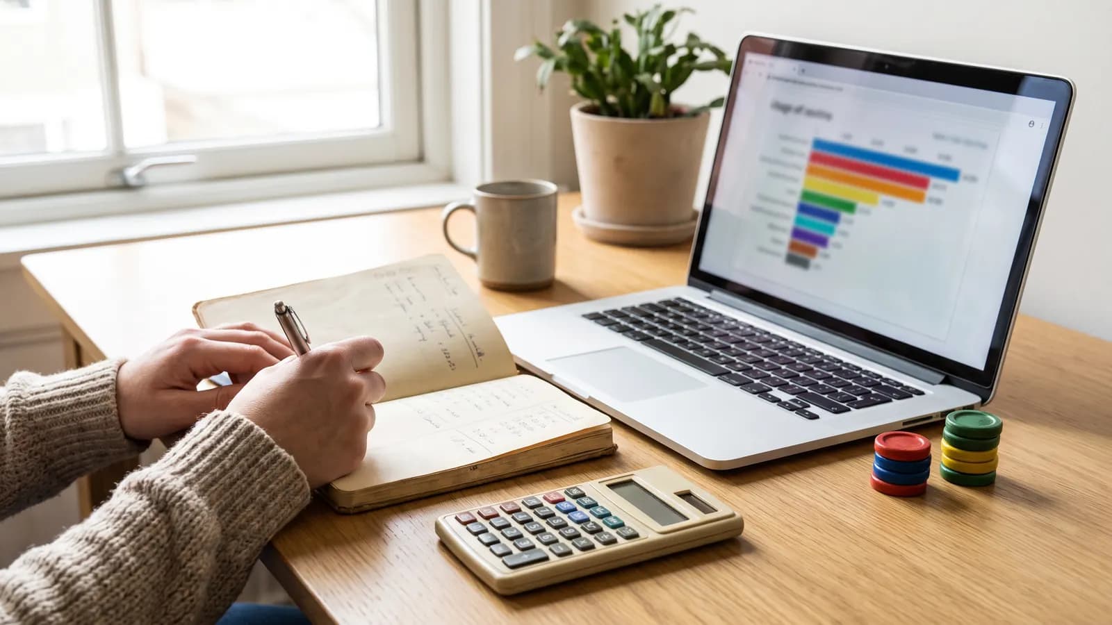 Hands writing in a notebook at a desk with a calculator, colourful stacked tokens and a laptop showing a bar chart