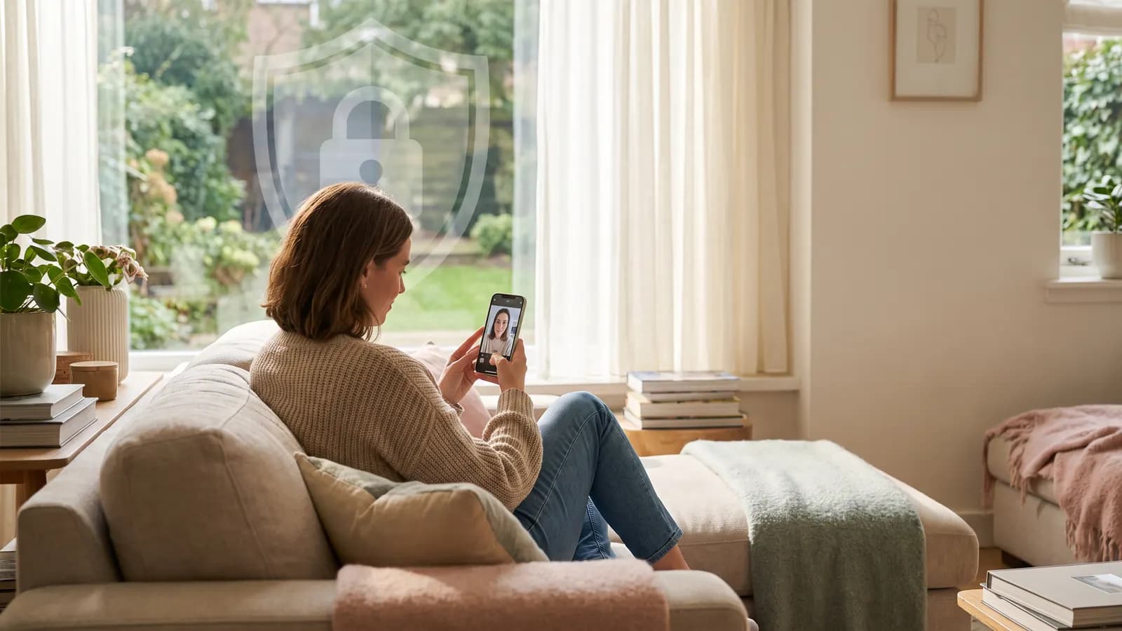 A woman on a sofa looking at a selfie on her phone, a faint shield-and-lock symbol reflected in the window behind her