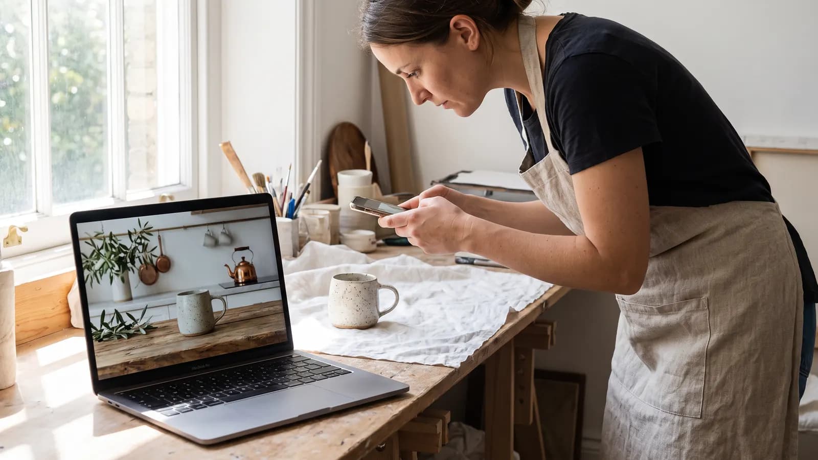 A small-business owner in an apron photographing a ceramic mug with her phone on a workbench, a laptop showing the mug in a styled kitchen scene