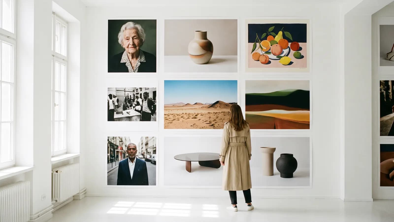 A woman in a white, gallery-like room viewing a grid of large prints in different styles, including portraits, still lifes and landscapes