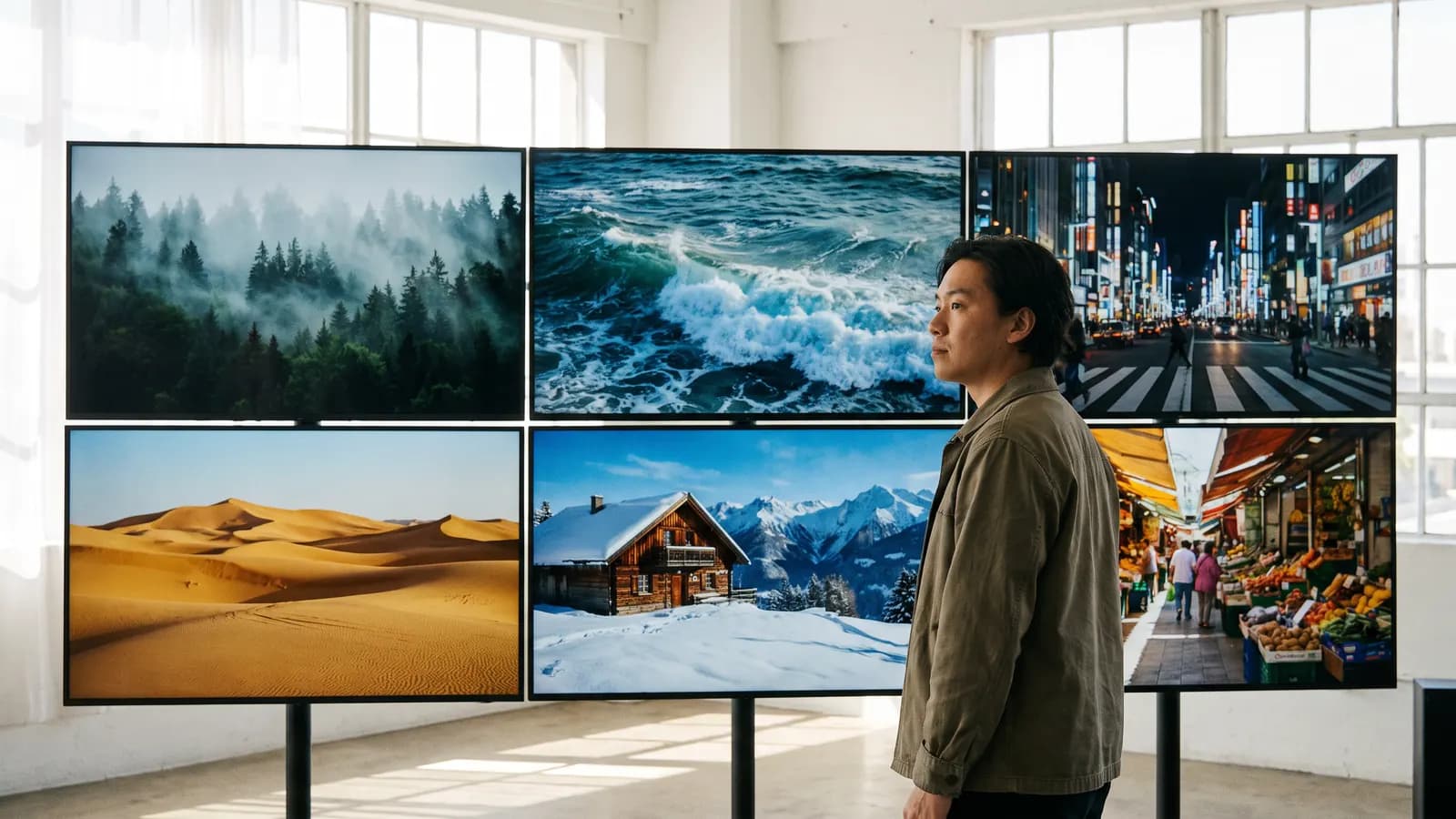 A man standing in front of a wall of six screens, each playing a different scene: a forest, an ocean, a city, a desert, a snowy cabin and a market