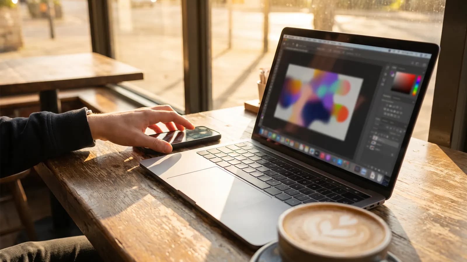A laptop with a creative editing app and a hand holding a phone on a sunny café table, a latte in front