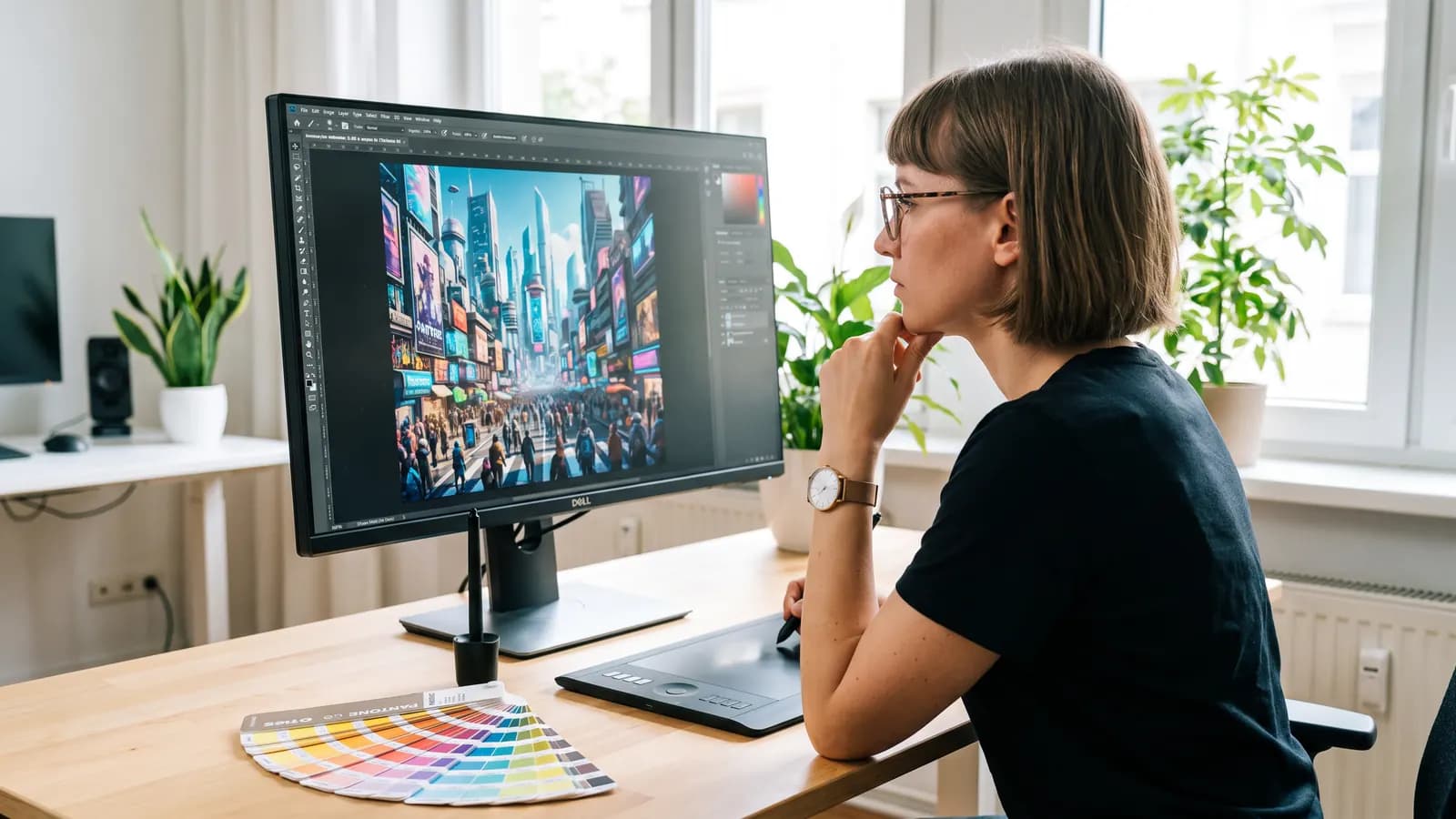 A graphic designer reviewing a highly detailed city street poster on a wide monitor, with colour swatches and a stylus on the desk