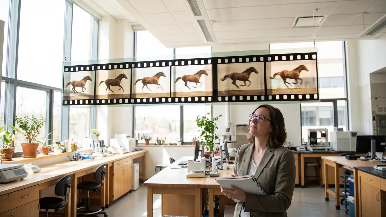 A woman with glasses in a bright lab looking up at a film strip of frames showing a galloping horse, hanging in front of large windows