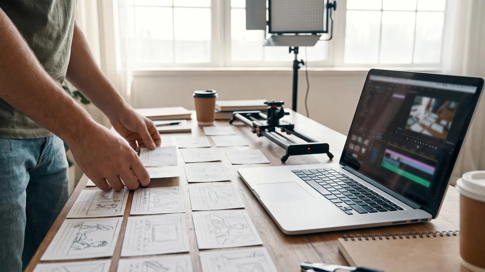 A person arranging hand-drawn storyboard cards on a table, next to a laptop showing a video timeline and a camera slider