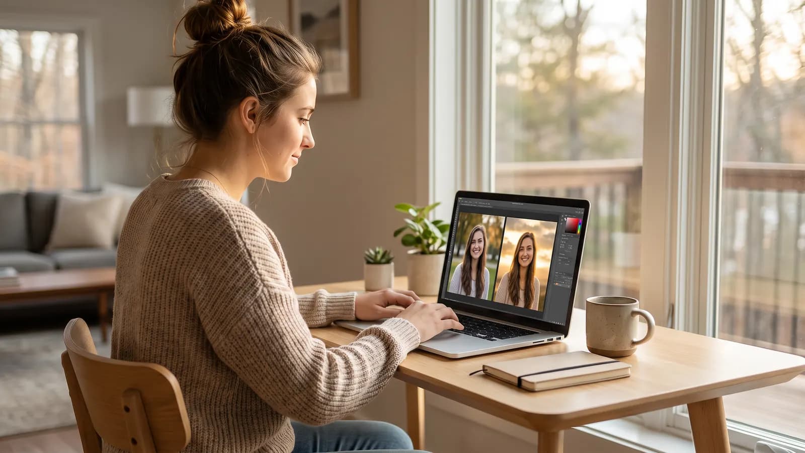 A young woman at a bright wooden desk by a window editing a portrait on a laptop, with two versions of the portrait side by side on the screen