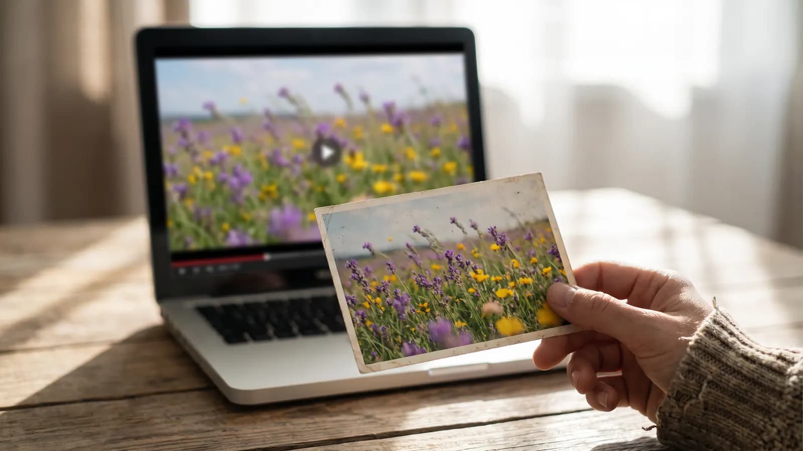 A hand holding a printed photo of a wildflower field in front of a laptop playing the same field as a video