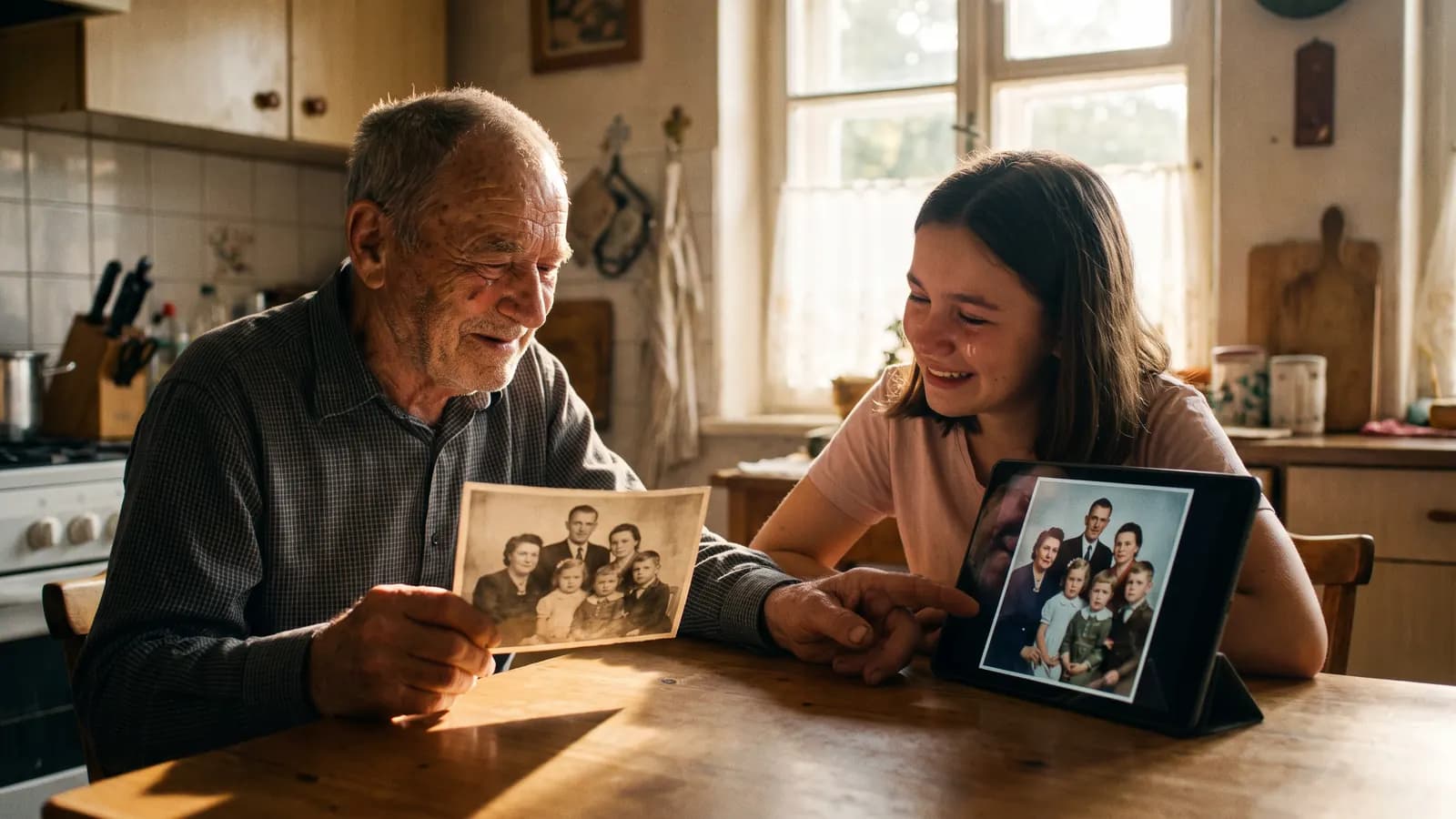 An elderly man and his granddaughter at a kitchen table comparing a faded black-and-white family photo with a restored colour version on a tablet