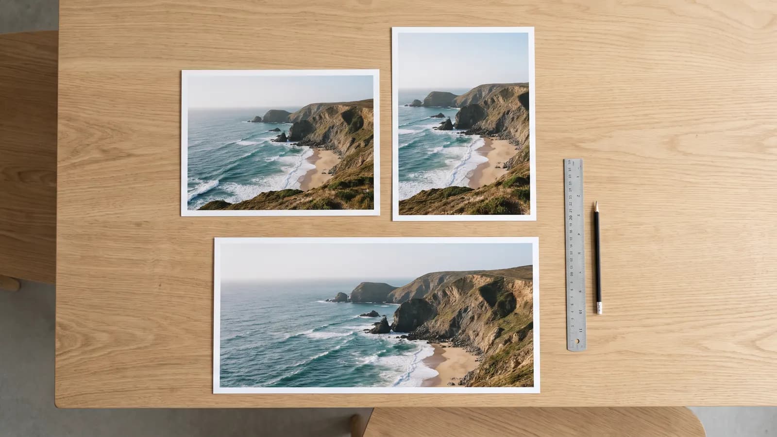 Three prints of the same coastal landscape in square, portrait and wide formats on a light wooden table, with a ruler and a pen beside them