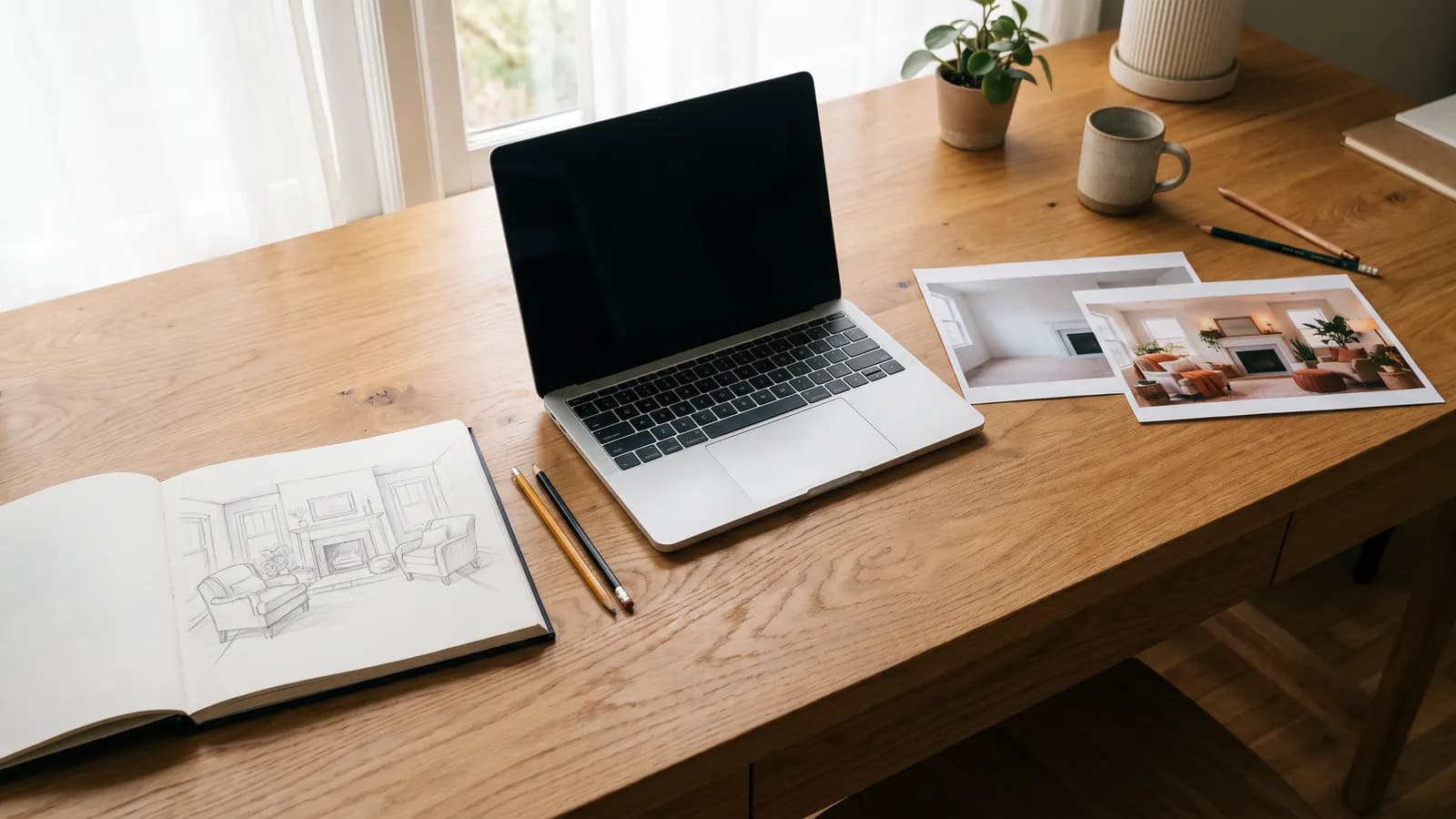 A wooden desk with an open notebook showing a pencil sketch of a living room, a laptop in the middle and two printed photos of the same living room, plain and restyled with warm colours and plants