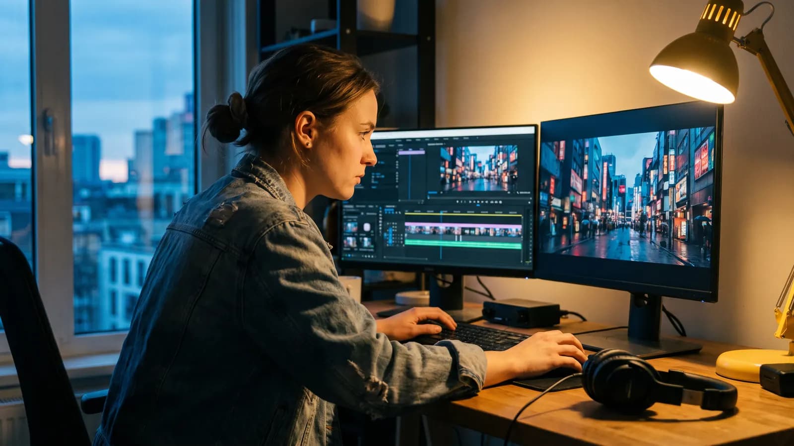 A young woman filmmaker at a desk with two monitors showing frames of a city at dusk, with headphones and a warm desk lamp beside her