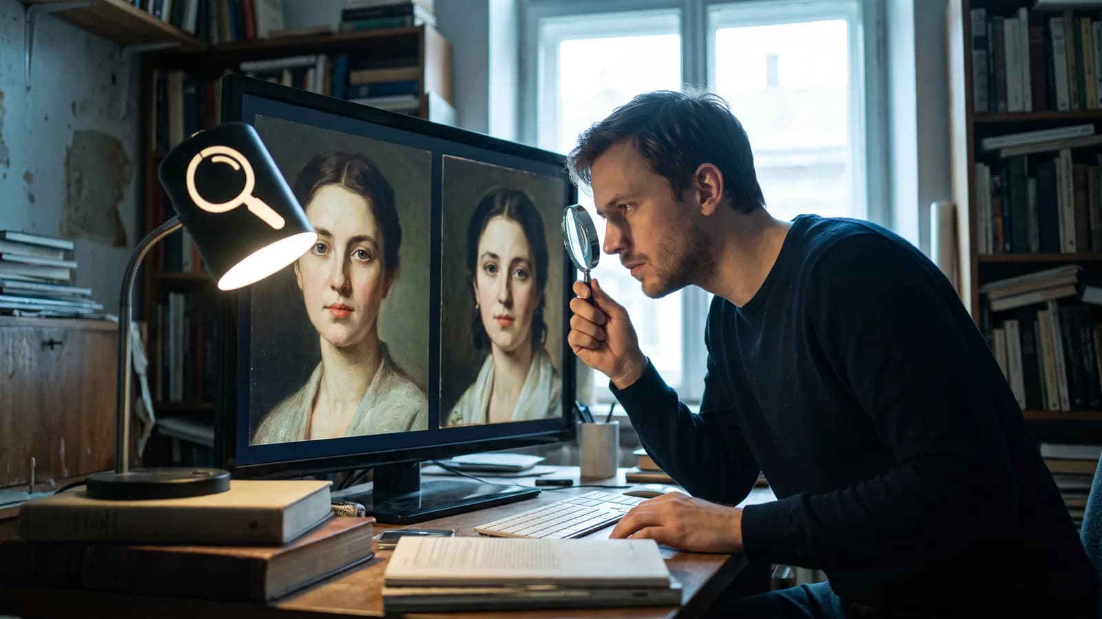 A man with a magnifying glass comparing two nearly identical portraits of a woman on a large monitor, under a desk lamp